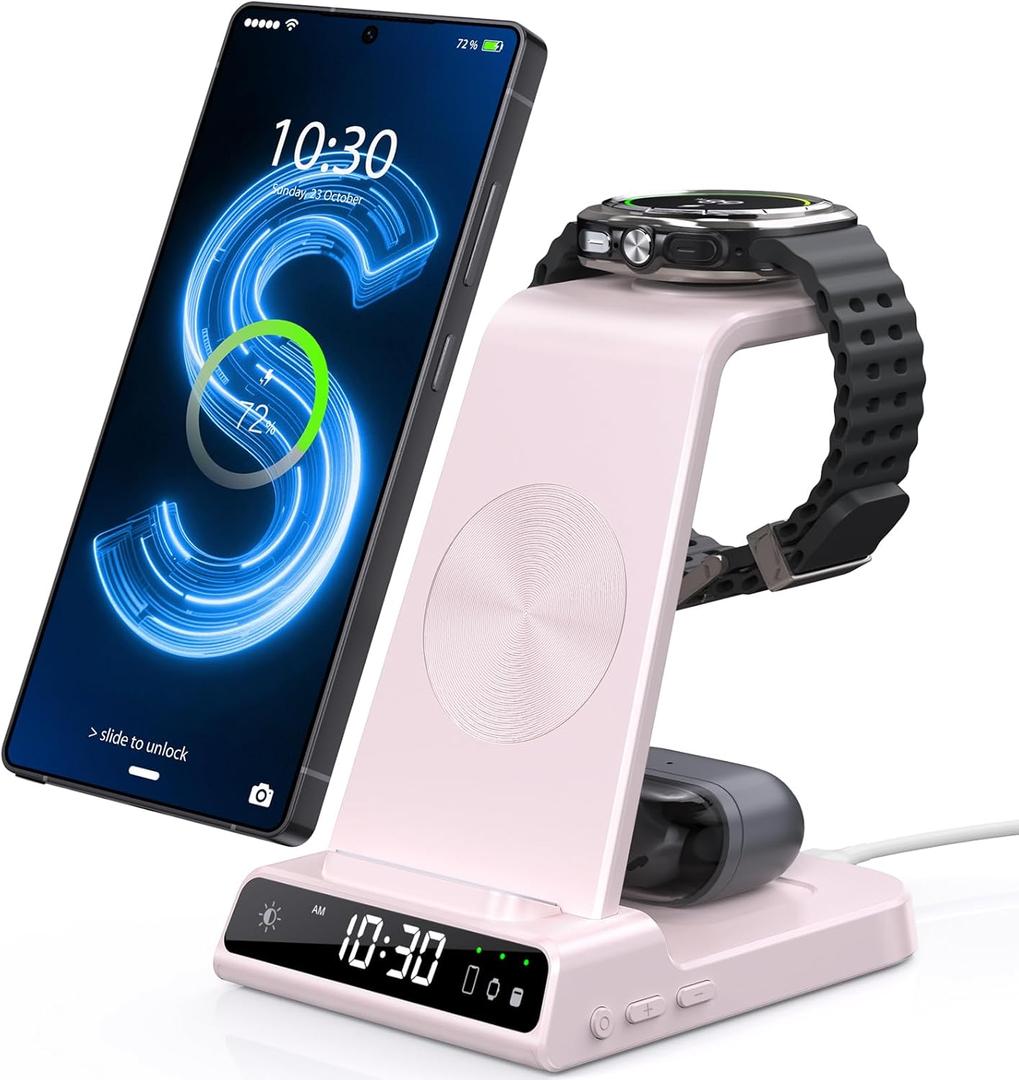 Wireless Charger for Samsung Charging Station with Clock for Samsung Galaxy S24 Ultra/S23 Ultra/Z Flip 6/5/Fold 5/Bud 2, 3 in 1 Charging Station Watch Charger for Samsung Galaxy Watch 7/6/5Pro(Pink)