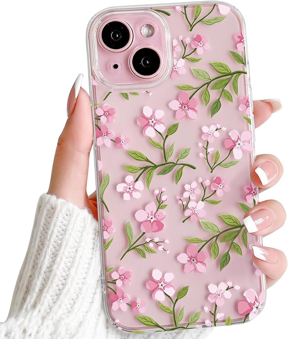 NITITOP Compatible with iPhone 13 Case Clear Cute Aesthetic Flower Floral Branch Pattern for Women Girls Full Camera Lens Soft TPU Slim Shockproof Protective Cover - Pink