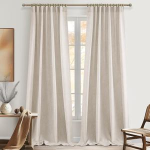 96 Inch Living Room Curtains Natural Taupe Linen Pleated Drapes Back Tab Ceiling Track 8ft Light Filtering Privacy Rustic Cabin Farmhouse Sheer Window Curtain Decor Design for Bedroom 2 Panels Set