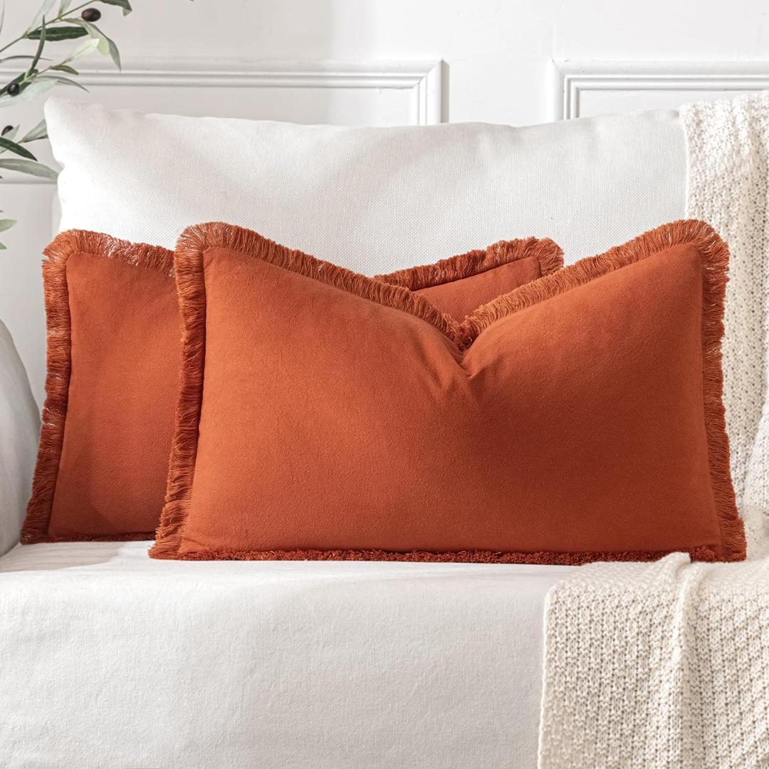 MIULEE Throw Pillow Covers Fall Boho Farmhouse 12x20 Set of 2 Decorative Rust Couch with Fringe Chic Cotton Pillowcases Home Decor Accents for Cushion Soft Bed Living Room