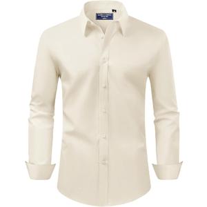Alimens & Gentle Men's Dress Shirt Regular Fit Stretch Stain Shield Long Sleeve Solid Business Wedding Button Down Shirts, Beige, Large