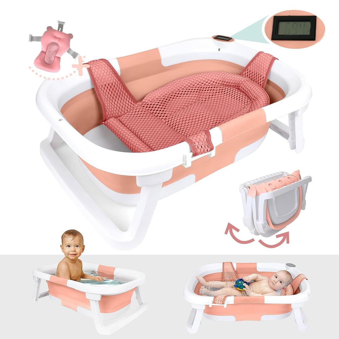 BEBELEH Collapsible Baby Bathtub with Thermometer Bathtub + Baby tub Sling + Newborn Sling Baby Bathtub Newborn to Toddler 0-24 Months The Ultimate Baby Bath Tub! (with Thermometer)