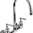KWODE Wall Mount Faucet 8 Inch Center Commercial Kitchen Sink Faucet with 6" Gooseneck Swivel Spout 2 Handles Control Brass Contructed Chrome Finish