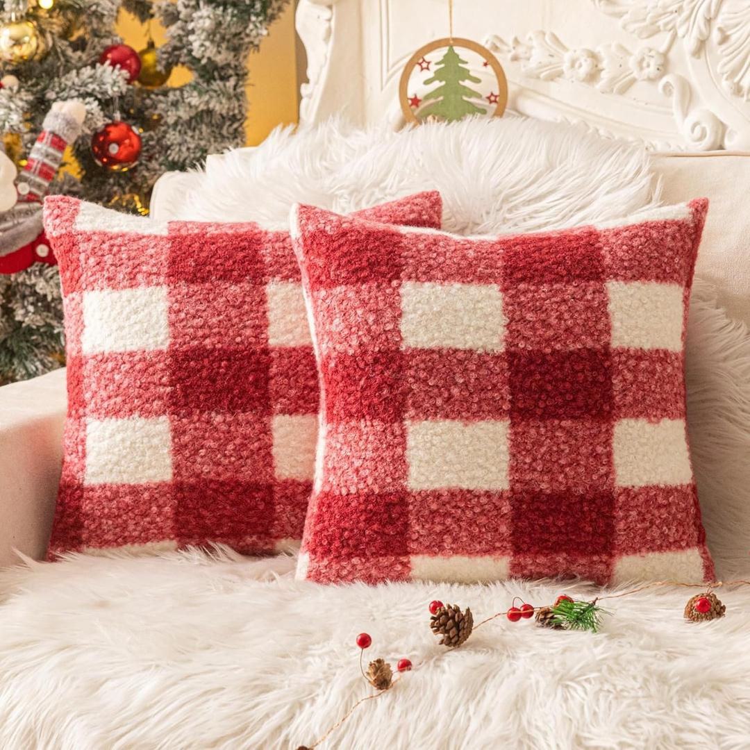 AQOTHES Red White Plaid Christmas Throw Pillow Covers 18x18 Inch Set of 2, Boucle Decorative Pillow Covers,Cozy Fluffy Home Living Room Farmhouse Decor for Sofa Couch Bed
