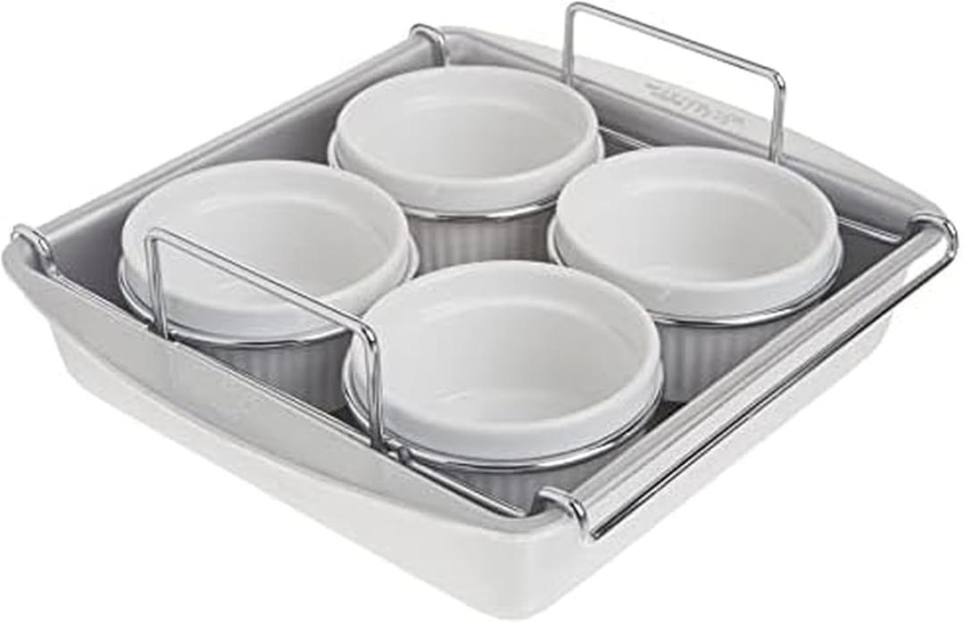 Chicago Metallic Professional 6-Piece Creme Brulee Set with 4 Porcelain Ramekins, 8-Inch Square Pan and Wire Rack