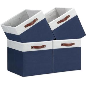 Temary Cube Storage Bins 7-Pack Foldable Cube Baskets for Clothes Shelf Storage Basket with Handles, Storage Box Fabric Storage Organizer Bins for Home (White&Blue, 13x15x13 Inch)