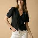 Dokotoo Womens Tie Front Tops Summer V-Neck Puff Short Sleeve Crop Tops Loose Fit Blouses Eyelet Embroidered Shirts