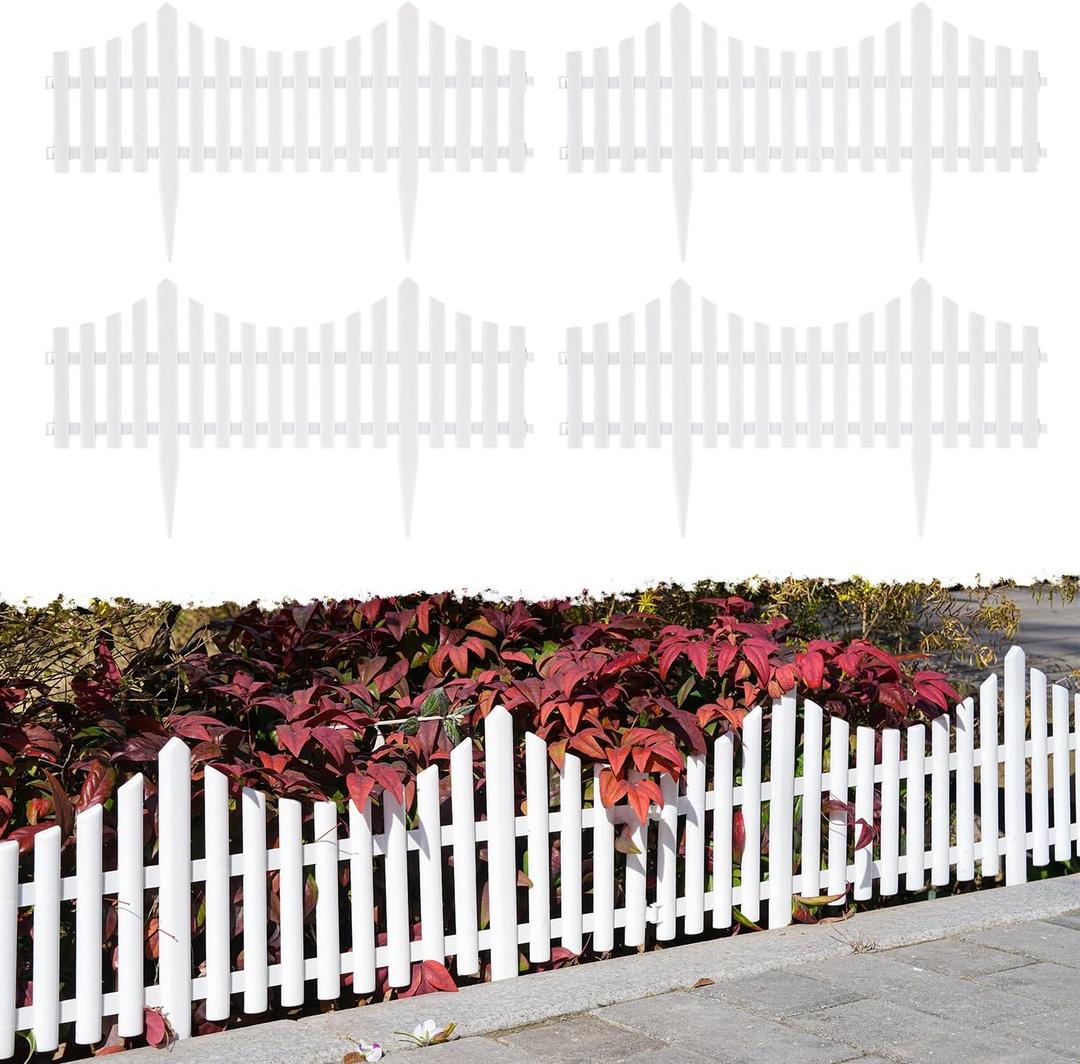 Sungmor Lightweight & Flexible Plastic White Edging Garden Picket Fence, Pack of 4 (One Piece L:24in, W:0.3in, H:13in) Above Ground Height 9.5in, Decorative Landscape Lawn Flowerbed Border Path Panel
