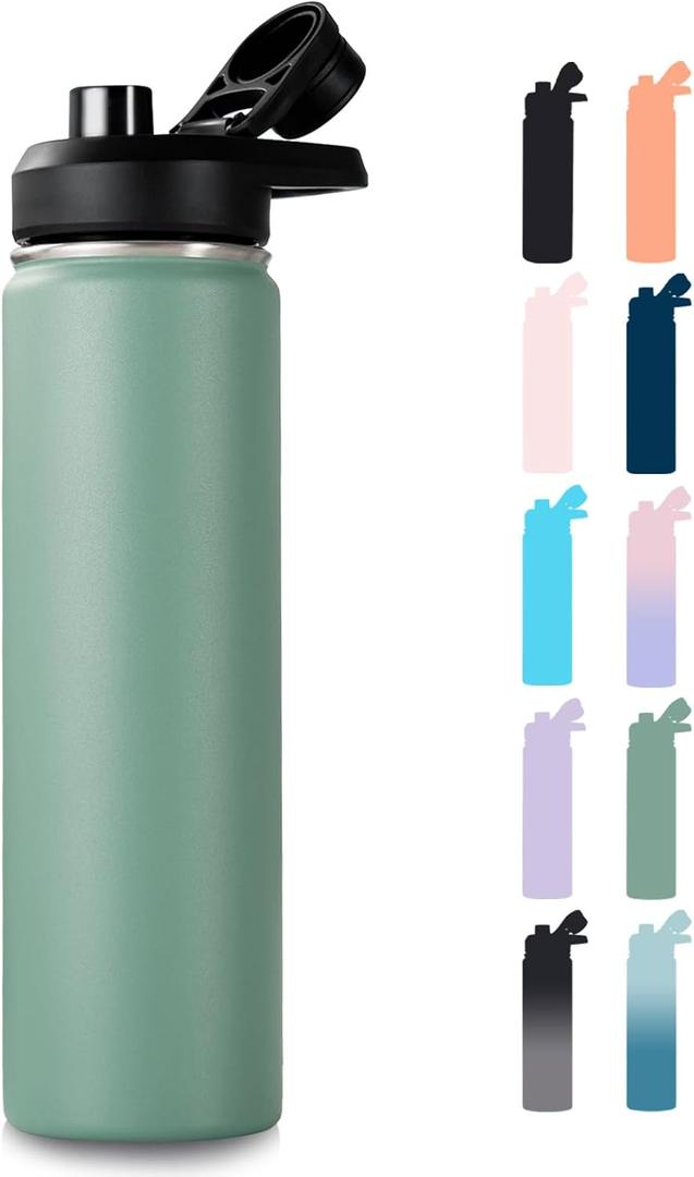 Fijinhom 24 oz Insulated Water Bottle with Handle, 304 Stainless Steel Water Bottles with Wide Mouth, Double Wall Vacuum Sports Water Bottle, BPA Free, Keep Cold and Hot, Forest Green