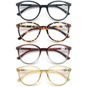 MODFANS Women Reading Glasses 4Pack Large Round Frame Readers Spring Hinges with 4 Pouch, +1.0