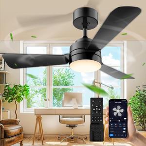 Ceiling Fans with Lights,28Flush Mount Ceiling Fan Light,Easy-to-Install,Remote Control,3000-6500k, Dimmable, Small Ceiling Fan Light for Bedroom/Kitchen/Garage.Black.