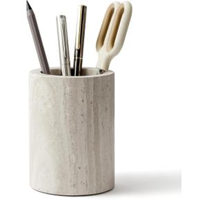 Natural Marble Pen Holder for Desk, Handcrafted Sturdy Desk Organizer with Anti-Slip Base 3.1 x 4.3 Unique Stone Craft for Office Supplies, Makeup Brushes & Home Decor Grey (WH077)
