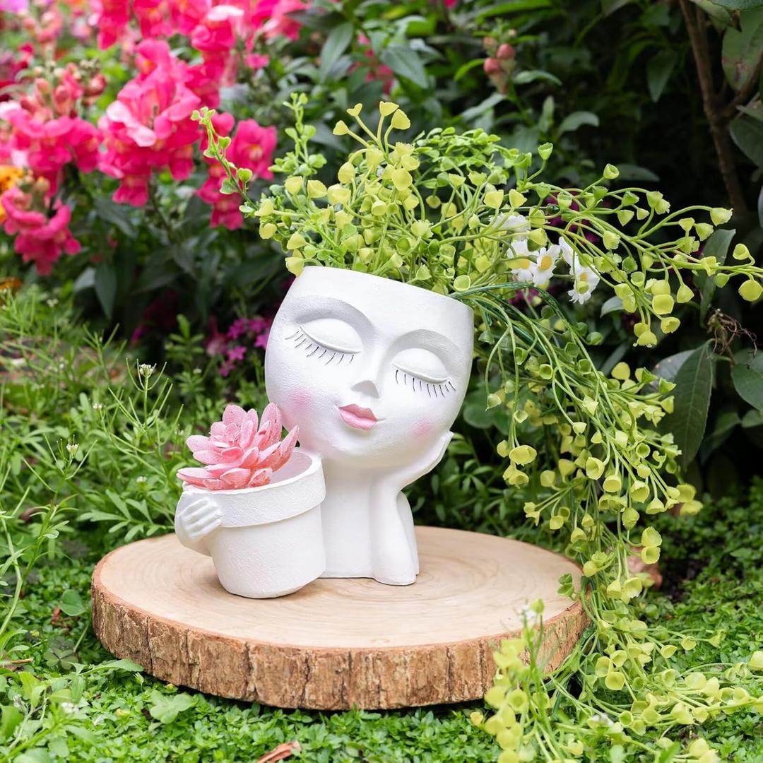 Face Planters for Indoor Outdoor Plants - Unique Face Flower Pot Head Planter Resin Succulent Planter with Drainage White