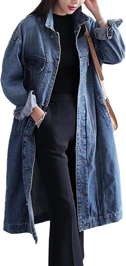 Womens Classic Jean Jacket Plus Size Loose Long Sleeve Button Down Denim Trench Coat (4X-Large, Blue)