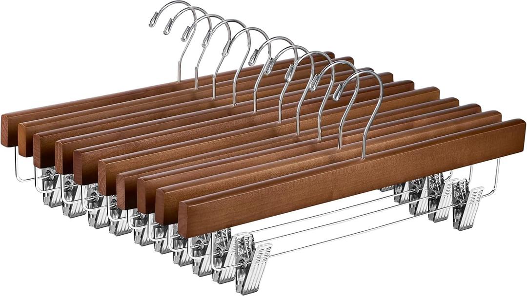 ZOBER Wooden Pants Hangers with Clips - 10 Pack Premium Wood Skirt Hangers for Women, Heavy Duty Wooden Hanger with Adjustable Metal Grip Clips for Jeans and Shorts, Smooth Finish, Vintage Wood