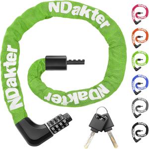 NDakter Upgrade Bike Chain Lock with 4 Digit Combination and 2 Keys, 3.2/4.28 Ft Heavy Duty Anti-Theft Bicycle Lock, 2 Ways to Unlock High Security Scooter Locks for Ebike, Escooter, Door (4.28 Feet Long, 6 mm Thick, Green)