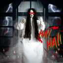 JOICEE Scary Halloween Decorations Outdoor Props,Hanging Swinging Girl with Light Up Eyes Sound & Slap Activated Creepy Sound Expressions for Halloween Haunted House Indoor Decor