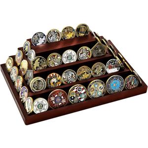 Challenge Coin Display Holder, Military Coin Display Stand 4-Tier for Collectors,Wooden Army Coins Collection Rack, Coin Stands for Display Desk Decor Walnut