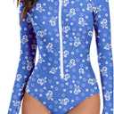 Womens Athletic One Piece Swimsuits Long Sleeve Swimsuit Sports Surfing Swimwear Bathing Suits (0-2, Blue White Print)