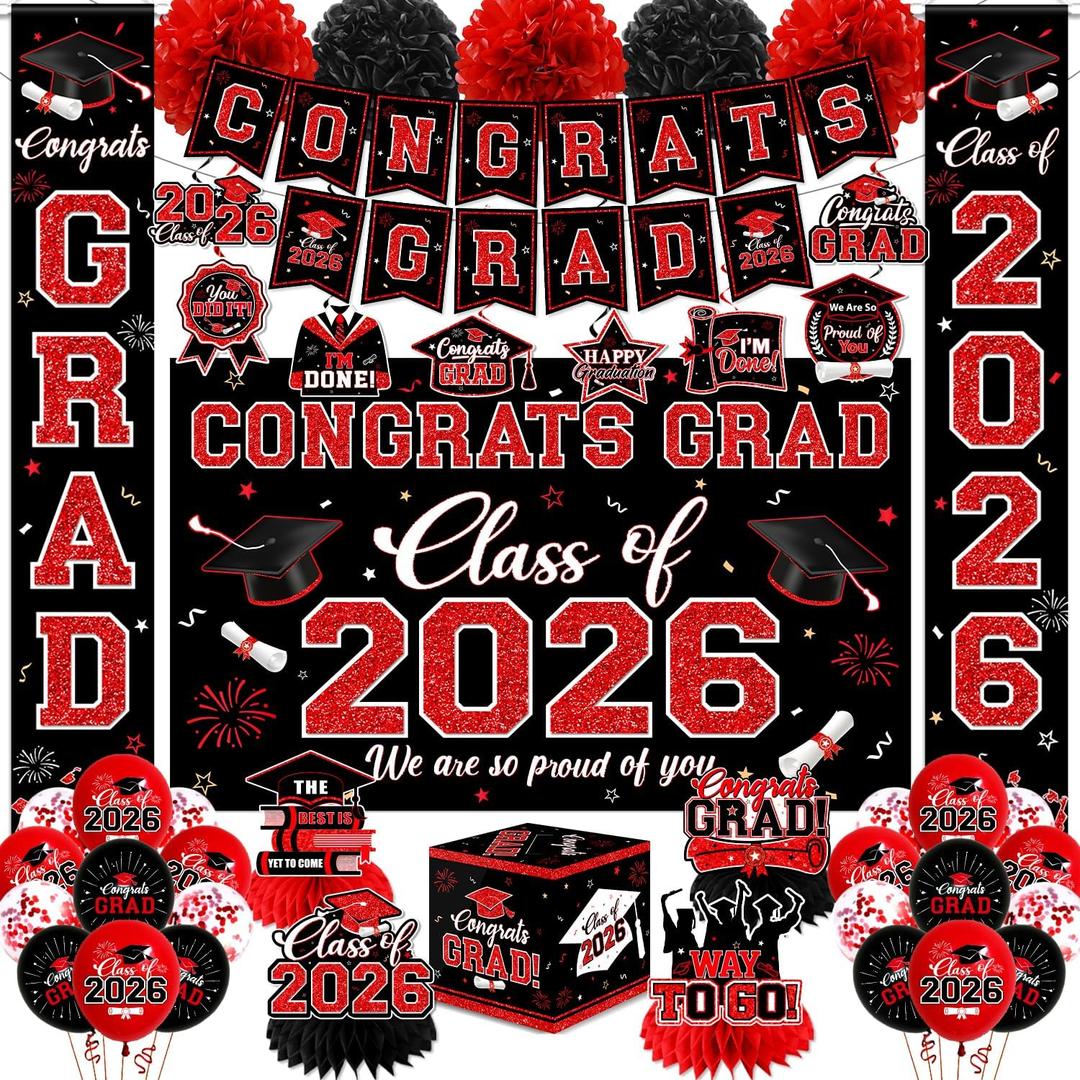 Graduation Decorations Class of 2026,Red Graduation Party Supplies- Congrats Grad Decorations Banner Hanging Swirls,Graduation Card Box,Paper Pompoms,Balloons,Porch Sign for College Grad Party