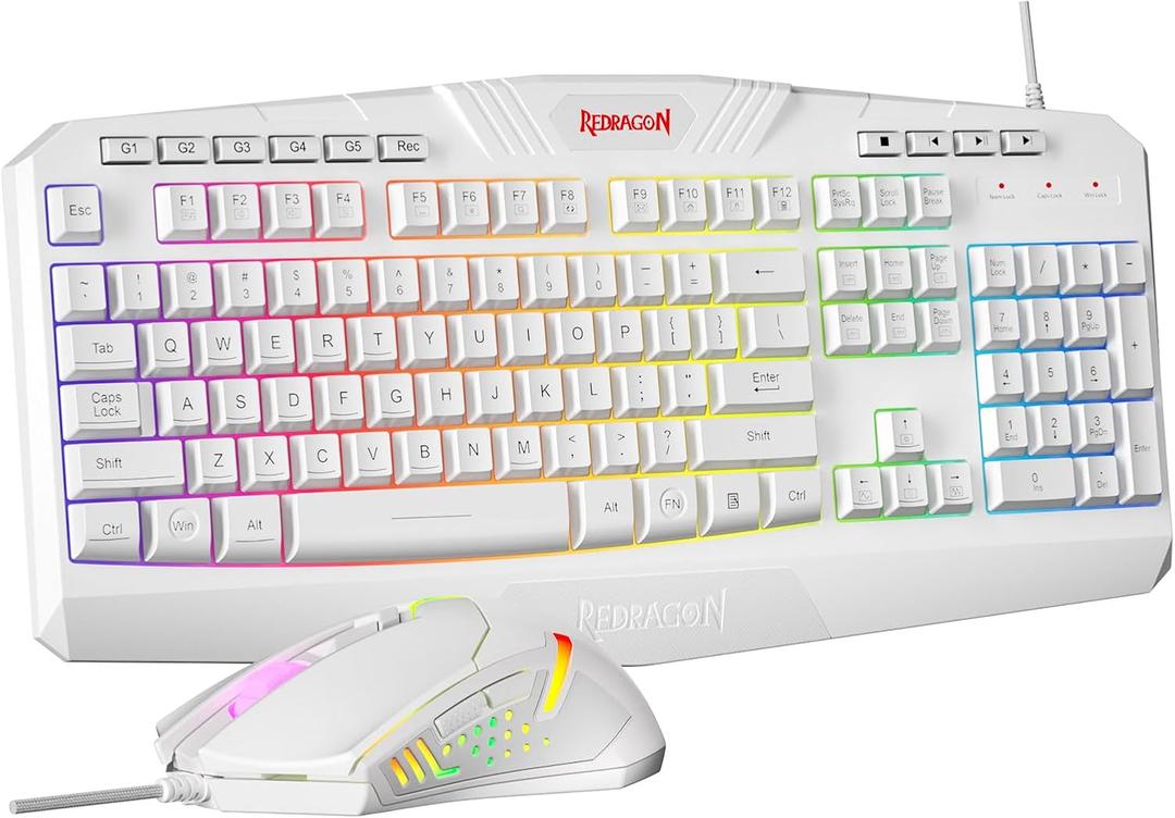 Redragon Updated Programmable Gaming Keyboard and Mouse, RGB Backlit Keyboard Mouse with Software, Independent Macro Record Keys, Value Combo Set, White - S101-3 PRO