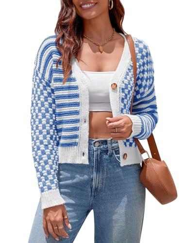 Saodimallsu Womens Checkered Cardigan Sweaters Striped Cropped Button Fall Trendy Open Front Knit Sweater Coats Blue M