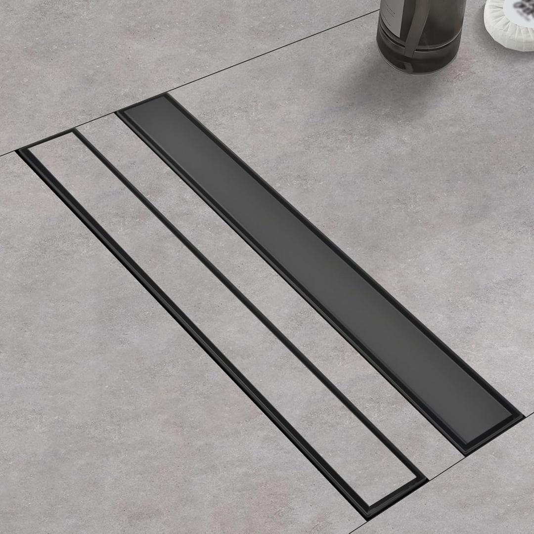 Linear Shower Drain ，with Tile Insert Panels ，18 Inch Black 304 Stainless Steel Rectangle Shower Floor Drain，with Hair Catcher, Adjustable Feet，Fits Bathroom, Balcony