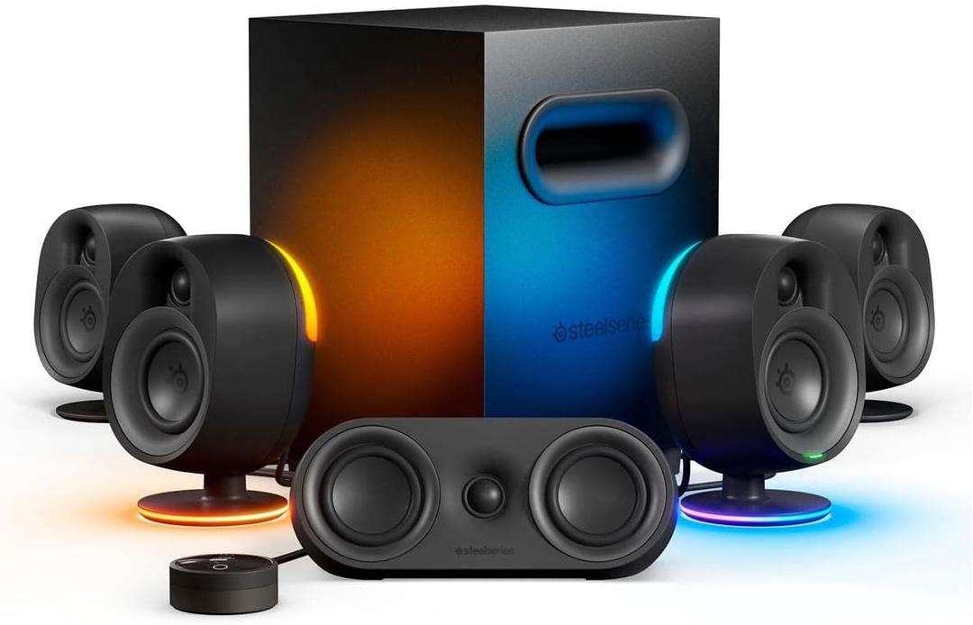 SteelSeries Arena 9 Illuminated 5.1 Desktop Gaming Speakers 5.1 USB Surround Sound Wireless Rear Speakers 2-Way Speaker Design Subwoofer RGB Light, Bluetooth PC, PlayStation, Mobile, Mac