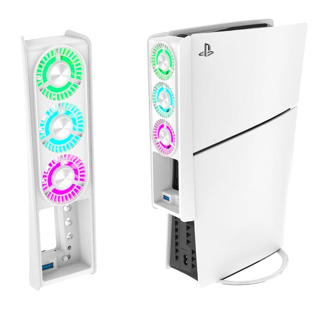 for PS5 Cooling Fan with Led Light, Quiet for PS5 Fan Cooling Fan for PS5 Cooler Cooling Fan for Playstation 5 fan with 3 Small Fans 3.0 USB Port 2 Fan Speed Setting fan (White)