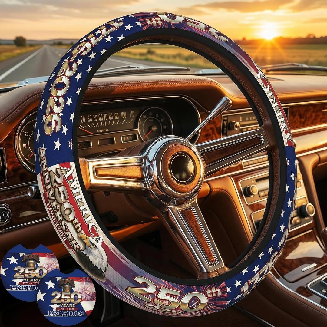 Anniversary American Flag Steering Wheel Cover + 2 Pc USA Flag Car Coasters | Anniversary American Car Men Breathable Universal for 14-15 Inch Anti-Slip