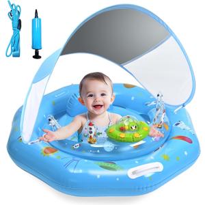 Baby Pool Float with Canopy & Toy Console,Adjustable Safe Seat,Removable UPF50+ Sunshade,Infant Pool Float for 6-36 Months,Baby Floaties 6-12 Months with Safety Handle & Rope for Pool,Sea
