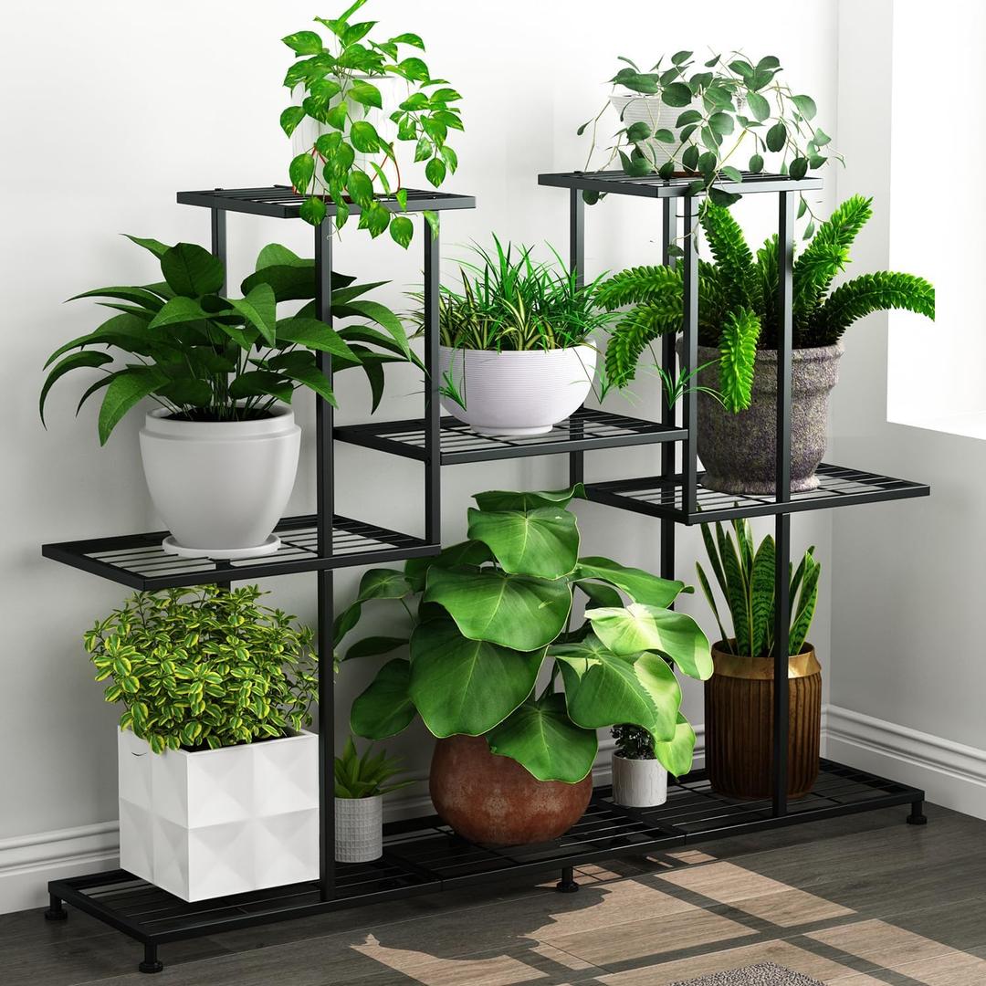 Twhep Metal Plant Stand, 5 Tiers Multifunctional Plant Stands for Indoor Plants, Decorative Black Steel Plant Shelf for Indoor Patio Garden Balcony and Yard (4 tiers 12 pots)