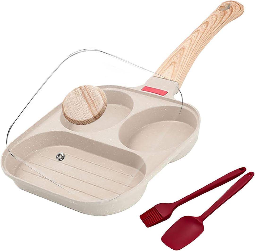 Egg Frying Pan 3-In-1 Divided Nonstick Egg Pan with Lid Breakfast Grill Pan Skillet Compatible with Gas Stove & Induction Cooktops White