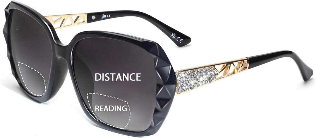 JM Bifocal Reading Sunglasses for Women Fashion Oversized Square Sun Readers Outdoor Reading Glasses UV400 Protection Black +1.5