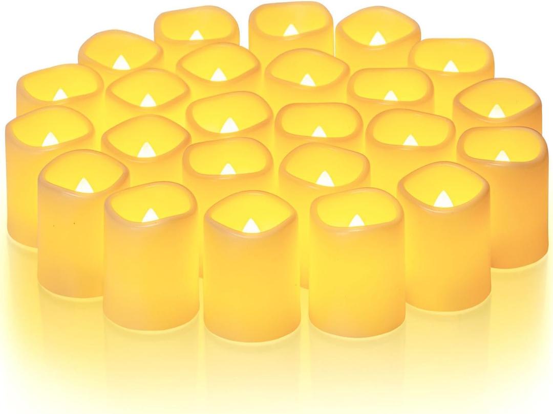 Homemory 24Pack Flickering Flameless Votive Candles,200+Hour Electric Fake Candles,Battery Operated LED Tealight for Wedding,Outdoor,Table,Halloween,Christmas Decor(Warm White,Battery Included)