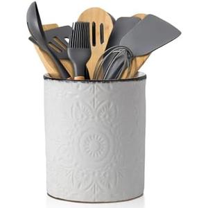 Comfify Large Ceramic Kitchen Utensil Holder with Vintage Old-Fashioned Floral Pattern – Elegant White Decorative Crock for Countertop Organization – Organizer for Tools, Spatulas, Spoons & More