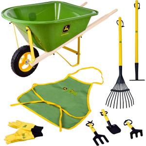 John Deere Deluxe 34" Wheelbarrow and Garden Set Includes 5 Realistic Gardening Tools,Gardening Apron, Gardening Gloves, Large Wheelbarrow, Outdoor Toy Ages 5+