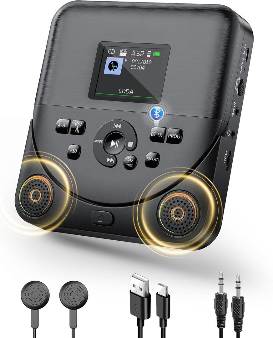 Bluetooth CD Player Portable for Home Rechargeable CD Player with Dual Stereo Speakers FM Transmitter Portable CD Player for Car Support AUX in with Upgraded Screen