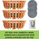 3 Wooden Orchid Wall Planters, Plant Baskets for Wall Mounting (Wall Baskets), 11 inches wide, 5.5 inches long, 3.5 inches high