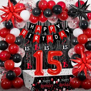 15th Birthday Decorations for Boys & Girls, 84 PCS Red Black 15th Party Decorations, Birthday Party Supplies with Banner, Fringe Backdrop, Foil Star Balloons, Hanging Swirls, Tablecloth Garland Arch