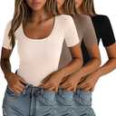 Neer 3 Pack Fitted Ribbed Scoop Neck T-Shirts for Women, Tight Short Sleeve Tops Slim Basic Tee Trendy Summer Blouses. Size Small