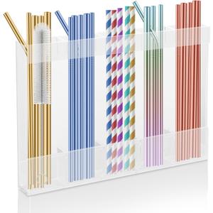Acrylic Straw Holder for Cabinet, Reusable Straw Organizer with Double Sided Adhesive Tape Tumbler Straws Storage Container for Cupboard Drinking Straws Dispenser for Kitchen Counter (Transparent)