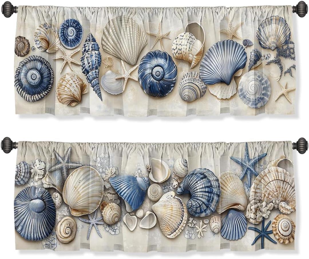 Seashell Valance Curtain for Windows 2 Pack, Blue Beige Nautical Shell Starfish Rod Pocket Printed Curtain Valances Short Tier Curtains for Living Room Bathroom Bedroom 54x18 Inch