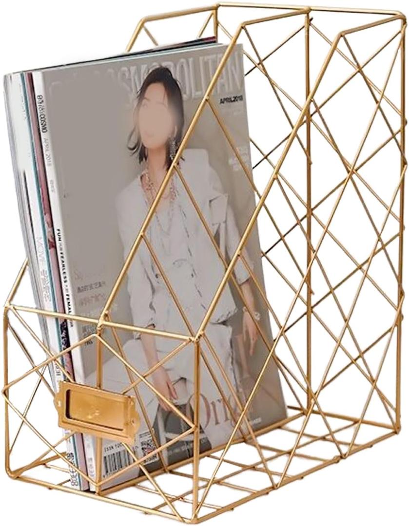 Milnnie Modern Geometric Metal File Organizer for Desk, 8"×10"×12" Iron Mesh Magazine Holder, Desktop Document Rack Storage for Office Supplies, Vertical Book Stand File Folder Rack (Golden)