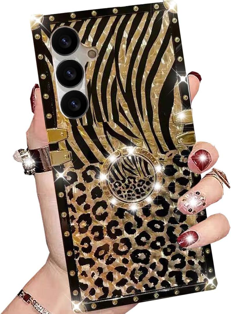 for Samsung Galaxy S25 Plus Glitter Kickstand Case, Cute Luxury Leopard Cheetah Print Pattern Ring Stand Golden Plating Bumper Elegant Shockproof Women Girls Case for Galaxy S25 Plus, Leopard