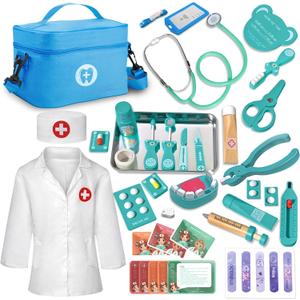 Doctor Kit for Toddlers 3-5, Wooden Kids Dentist Play Set, Doctor Play Set Pretend Play Toys for Toddlers , Realistic Wooden Medical Kit Role Play Set, Gifts for Boys Girls 3+ Years