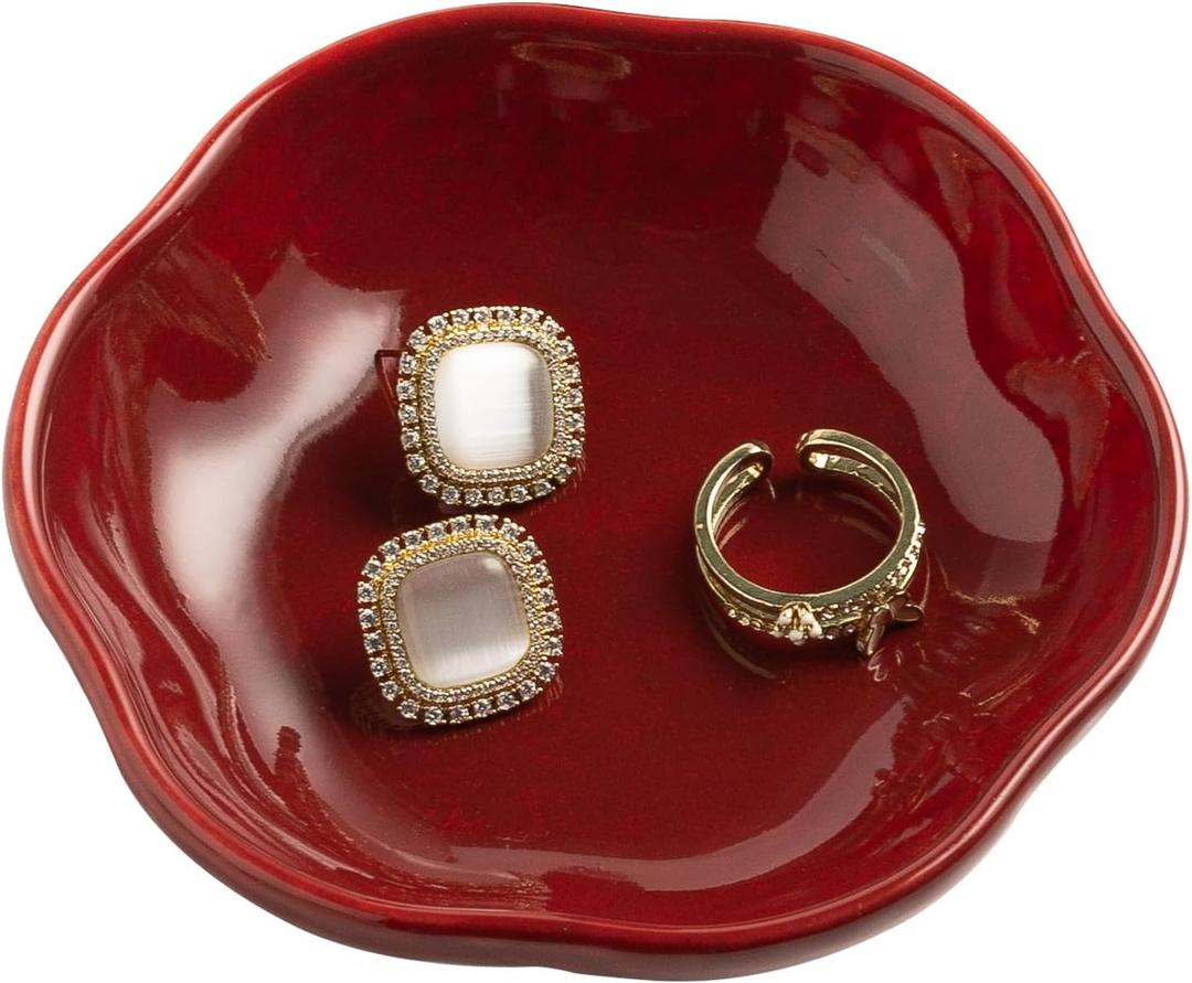 Ceramic Ring Dish Flower Jewelry Holder Dish Cute Jewelry Dish Tray Trinket Dish Small Decorative Tray Key Bowl Room Decor Aesthetic for Mom Best Friend Sister (red)