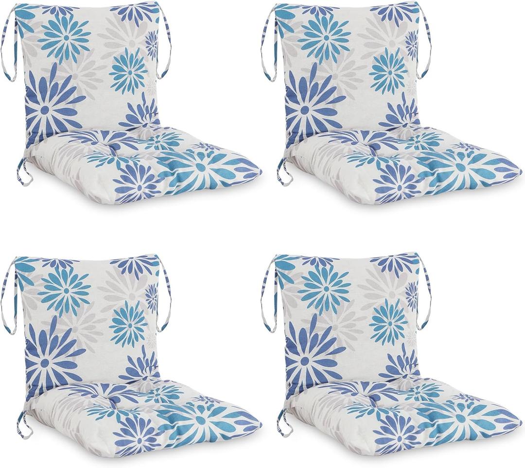 Barydat 4 Pcs Outdoor Patio Chair Cushions with Back, 21.7 x 43.3 Inch Decorative Dining Back Cushions with Tie Buffalo Plaid Indoor Outdoor for Patio Furniture (Blue and White, Plantain Leaf)