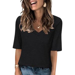 Minetom Women's V Neck T Shirts Casual Half Sleeve Tops Basic Summer Tees (Black, S)