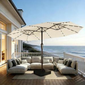 15FT Patio Umbrella with Solar Lights, Double-Sided Extra Large Outdoor Table Umbrella with Base Included, Heavy-Duty 12 Iron Ribs Market Umbrella for Garden, Pool, Backyard, Creamy White